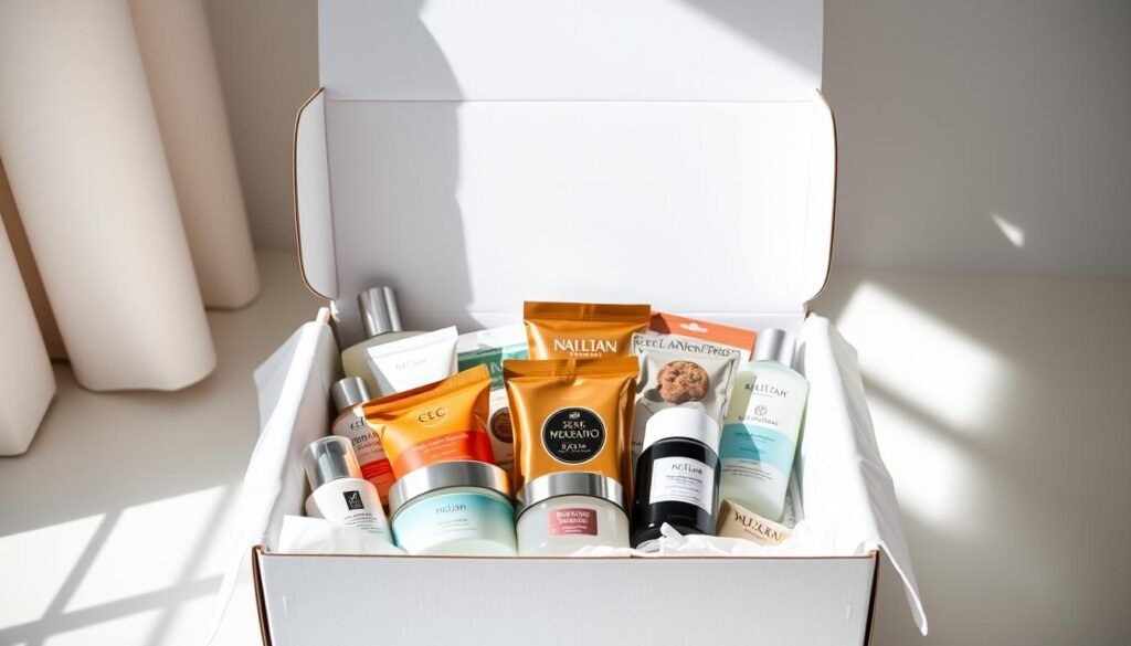 A beautifully curated subscription box with a crisp, white interior. The box is open, revealing an array of carefully selected products neatly arranged, ranging from luxurious skincare items to artisanal snacks. Soft, natural lighting illuminates the scene, creating a sense of elegance and excitement for the unboxing experience. The viewer's gaze is drawn to the harmonious composition, enticing them to explore the contents further. The overall atmosphere evokes a feeling of discovery and indulgence, perfectly capturing the essence of a premium subscription box.