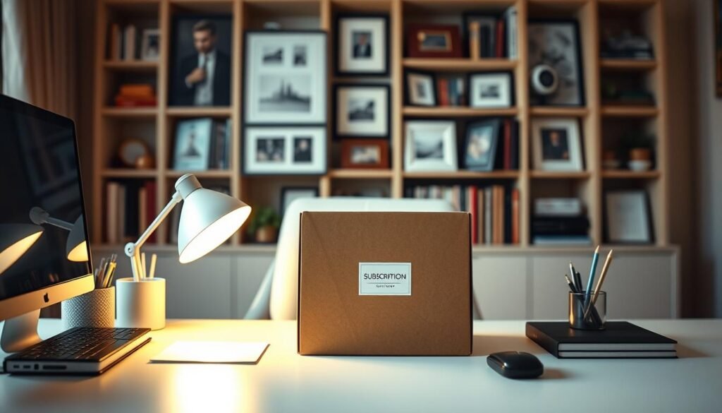 A cozy home office setting, with a neatly arranged workspace showcasing a subscription box at the center. Soft, warm lighting illuminates the scene, creating an inviting and personalized ambiance. The box is adorned with a minimalist, yet elegant design, reflecting the niche and exclusive nature of the contents. In the background, a bookshelf or gallery wall adds depth and a sense of curation, hinting at the owner's refined tastes and interests. The overall composition conveys a sense of exclusivity, attention to detail, and a tailored, high-quality experience for the discerning subscriber. A cozy home office setting, with a neatly arranged workspace showcasing a subscription box at the center. Soft, warm lighting illuminates the scene, creating an inviting and personalized ambiance. The box is adorned with a minimalist, yet elegant design, reflecting the niche and exclusive nature of the contents. In the background, a bookshelf or gallery wall adds depth and a sense of curation, hinting at the owner's refined tastes and interests. The overall composition conveys a sense of exclusivity, attention to detail, and a tailored, high-quality experience for the discerning subscriber.