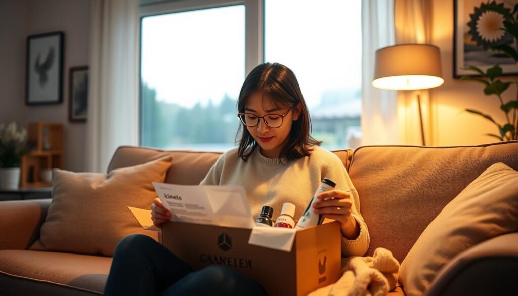 A cozy living room scene with a person sitting on a comfortable sofa, deeply immersed in the contents of a subscription box. Soft, warm lighting illuminates the space, creating a sense of intimacy and personalization. The background features minimalist decor and a large window overlooking a serene outdoor setting, suggesting a tranquil, thoughtful atmosphere. The person's expression conveys a sense of discovery and delight as they unbox the curated items, reflecting the idea of tailored experiences for the customer. The overall composition emphasizes the harmony between the individual and the personalized contents of the box, embodying the concept of "Personalisasi Cerdas dengan Data Nol Pihak untuk Pengalaman Pelanggan yang Relevan".