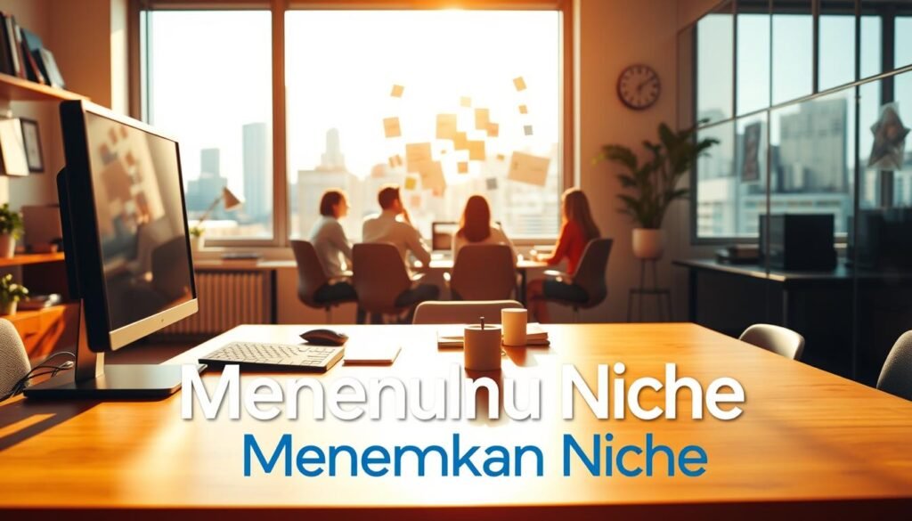 A cozy, well-lit office setting with a desk and computer in the foreground, representing the workspace where the niche is explored. In the middle ground, a brainstorming session is taking place, with sticky notes, diagrams, and team members collaborating. The background features a window overlooking a bustling city skyline, symbolizing the broader market and industry. The lighting is warm and inviting, creating a productive and inspirational atmosphere. The composition emphasizes the process of finding a unique market opportunity, with the various elements working together to convey the notion of "Menemukan Niche".