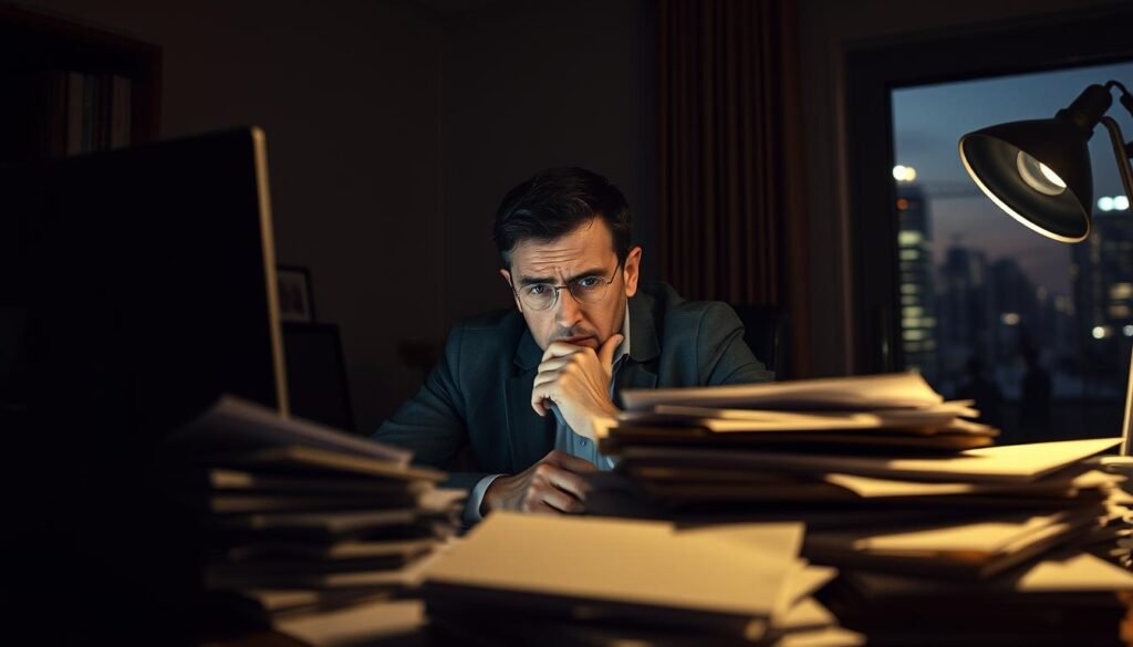 A dimly lit office space, the faint glow of a computer screen casting shadows across a cluttered desk. In the foreground, a pile of documents and files, representing the accumulated tasks and responsibilities that often weigh heavily on those seeking to maintain strong customer relationships. The middle ground features a thoughtful executive, brow furrowed, contemplating strategies to improve customer retention amidst the daily grind. In the background, a window overlooking a bustling city, a symbol of the external pressures and demands that can challenge even the most diligent subscription box businesses. Soft, warm lighting illuminates the scene, creating a pensive, introspective mood as the subject grapples with the common pitfalls of keeping customers engaged and satisfied.