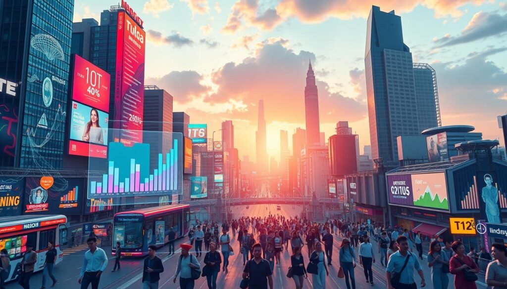 A dynamic, data-driven illustration showcasing the current global market trends and the rising momentum in Indonesia. A bustling futuristic cityscape with towering skyscrapers, neon-lit billboards, and a pulsing urban energy. In the foreground, vibrant data visualizations, charts, and graphs float holographically, displaying the latest consumer behavior insights and market analytics. The middle ground features a diverse array of people navigating the city, representing the evolving demographics and consumer profiles. In the background, a panoramic view of the cityscape, bathed in a warm, futuristic glow, symbolizing the growth and transformation of the subscription economy and servitization. Captured with a wide-angle lens, the image conveys a sense of scale, dynamism, and the zeitgeist of the modern marketplace. A dynamic, data-driven illustration showcasing the current global market trends and the rising momentum in Indonesia. A bustling futuristic cityscape with towering skyscrapers, neon-lit billboards, and a pulsing urban energy. In the foreground, vibrant data visualizations, charts, and graphs float holographically, displaying the latest consumer behavior insights and market analytics. The middle ground features a diverse array of people navigating the city, representing the evolving demographics and consumer profiles. In the background, a panoramic view of the cityscape, bathed in a warm, futuristic glow, symbolizing the growth and transformation of the subscription economy and servitization. Captured with a wide-angle lens, the image conveys a sense of scale, dynamism, and the zeitgeist of the modern marketplace.