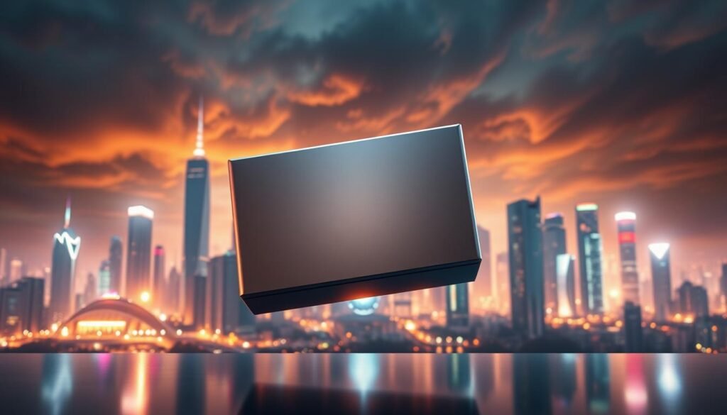 A high-resolution, photorealistic image of a strategy and subscription service concept. The foreground depicts a sleek, minimalist subscription box with a metallic sheen, levitating above a reflective surface. The middle ground shows a vibrant, futuristic cityscape with skyscrapers and glowing holograms, conveying a sense of technological advancement. The background features a deep, moody sky with swirling clouds and a warm, dramatic lighting that casts a cinematic atmosphere. The overall composition suggests the power of strategic subscription models to transform the way we engage with products and services in the modern, tech-driven world.