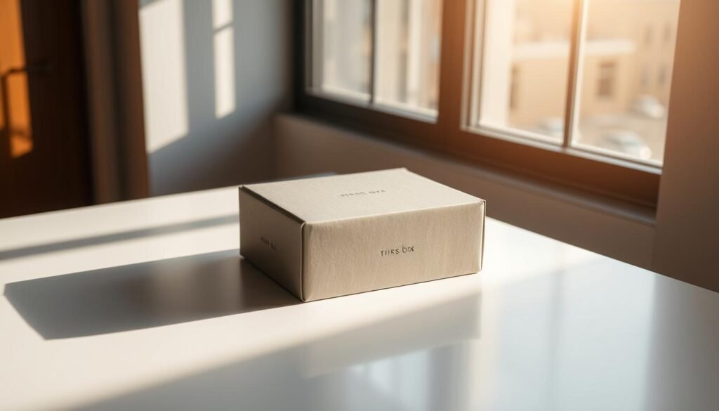 A meticulously designed package sits atop a sleek table, its elegant form casting a gentle shadow. Sunlight filters in through a large window, illuminating the matte surface with a soft, warm glow. The package's minimalist aesthetic features clean lines, a subdued color palette, and premium materials that exude an aura of sophistication. Subtle embossed details add a tactile element, while the overall composition conveys a sense of thoughtful curation and attention to detail. The scene evokes a mood of refined simplicity, perfectly suited to showcase the beauty and craftsmanship of modern subscription box packaging.