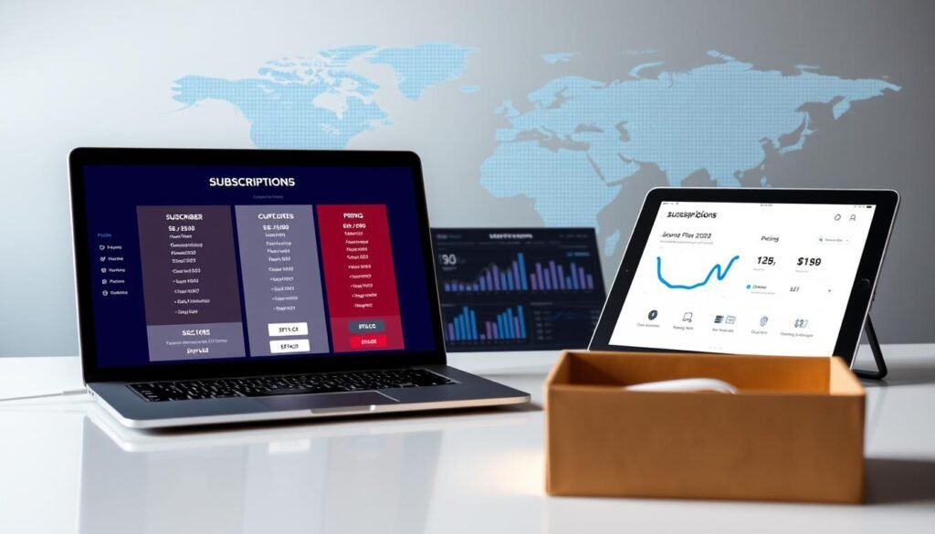 A modern and professional subscription box pricing display, showcased on a sleek, minimalist table. The foreground features a laptop displaying various subscription plan options, with clear pricing details and a clean user interface. The middle ground showcases a tablet displaying subscriber analytics and revenue projections, illuminated by soft, directional lighting. In the background, a stylized world map or data visualization provides a sense of global reach and scalability. The overall atmosphere is one of precision, data-driven decision making, and a refined, high-tech aesthetic suitable for a leading subscription box business. A modern and professional subscription box pricing display, showcased on a sleek, minimalist table. The foreground features a laptop displaying various subscription plan options, with clear pricing details and a clean user interface. The middle ground showcases a tablet displaying subscriber analytics and revenue projections, illuminated by soft, directional lighting. In the background, a stylized world map or data visualization provides a sense of global reach and scalability. The overall atmosphere is one of precision, data-driven decision making, and a refined, high-tech aesthetic suitable for a leading subscription box business.