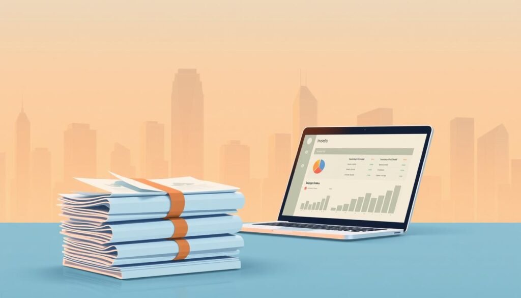 A modern, minimalist illustration of recurring business income from a subscription model. In the foreground, a stack of financial documents and graphs depicting steady growth over time. The midground features a sleek, stylized laptop or tablet displaying a subscription management dashboard. In the background, a clean, geometric cityscape bathed in warm, soft lighting, symbolizing the stability and scalability of a subscription-based business. The overall composition conveys a sense of digital proficiency, financial security, and the reliable, passive nature of subscription revenue. A modern, minimalist illustration of recurring business income from a subscription model. In the foreground, a stack of financial documents and graphs depicting steady growth over time. The midground features a sleek, stylized laptop or tablet displaying a subscription management dashboard. In the background, a clean, geometric cityscape bathed in warm, soft lighting, symbolizing the stability and scalability of a subscription-based business. The overall composition conveys a sense of digital proficiency, financial security, and the reliable, passive nature of subscription revenue.