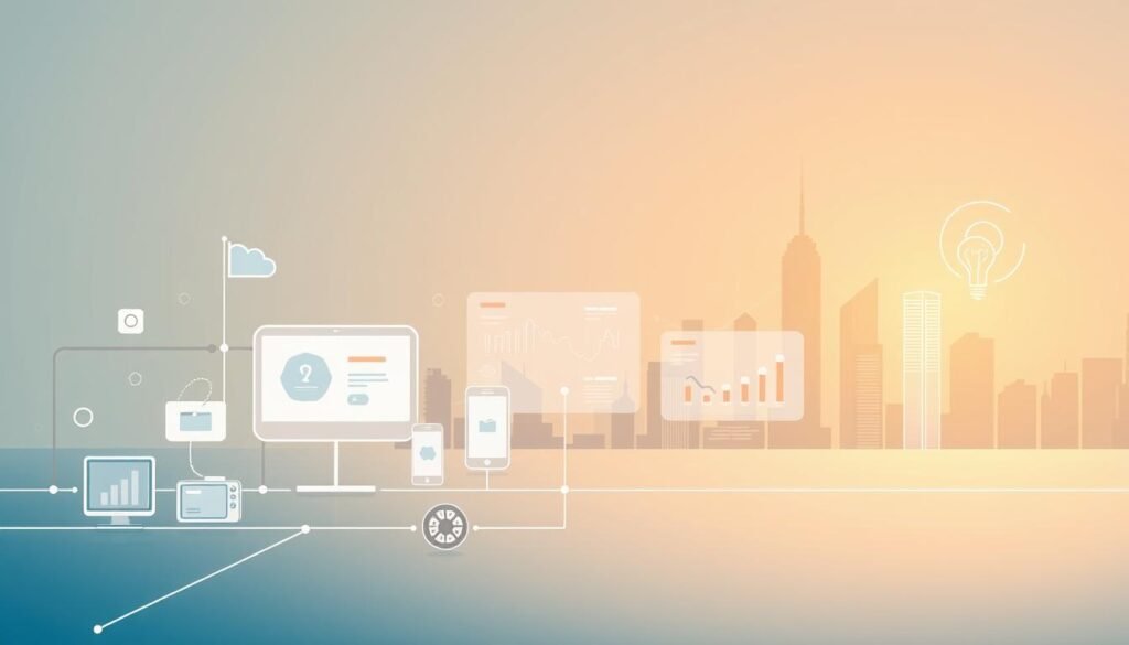 A modern, minimalist illustration showcasing a strategic omnichannel approach. In the foreground, crisp icons representing various sales channels - online store, mobile app, physical retail - seamlessly interconnected. In the middle ground, abstract data visualizations and analytics dashboards, emphasizing the integration and optimization of customer touchpoints. The background features a clean, futuristic cityscape, alluding to the urban, tech-driven nature of the omnichannel retail landscape. Warm lighting casts a serene, professional tone, while a subtle color palette of blues, grays, and whites conveys a sense of balance and efficiency. The overall composition should inspire a feeling of a cohesive, forward-thinking retail strategy.