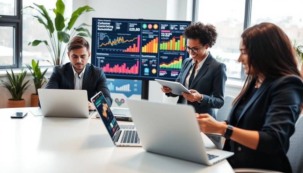 A professional workspace showcasing a diverse team of businesspeople analyzing customer revenue data on modern laptops and tablets. In the foreground, a focused young man in a tailored suit is typing on a laptop, while a woman in business casual attire analyzes graphs on a tablet. In the middle, a large digital screen displays colorful charts and data analytics representing revenue growth and customer insights. The background features a bright, well-lit office setting with large windows, plants, and a collaborative atmosphere, conveying innovation and teamwork. The mood is professional and dynamic, illustrating the benefits of data-driven decision-making in a subscription box business model. The image is bright, with natural lighting to enhance the inviting atmosphere.