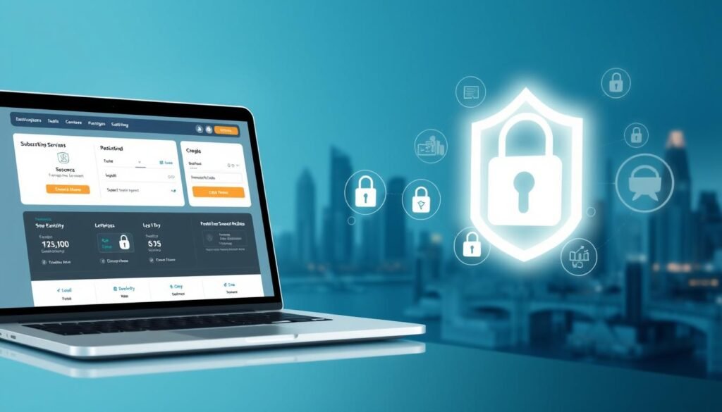A secure digital subscription service with a sleek, minimalist user interface. In the foreground, a laptop or tablet displaying the subscription management dashboard, showcasing secure login, encrypted payment, and personalized subscription details. The middle ground features various security icons, such as padlocks, encryption symbols, and two-factor authentication elements, emphasizing the robust security measures in place. The background depicts a serene, futuristic cityscape with skyscrapers, hinting at the sophisticated technology powering the subscription service. The overall mood is one of trust, reliability, and a seamless digital experience. A secure digital subscription service with a sleek, minimalist user interface. In the foreground, a laptop or tablet displaying the subscription management dashboard, showcasing secure login, encrypted payment, and personalized subscription details. The middle ground features various security icons, such as padlocks, encryption symbols, and two-factor authentication elements, emphasizing the robust security measures in place. The background depicts a serene, futuristic cityscape with skyscrapers, hinting at the sophisticated technology powering the subscription service. The overall mood is one of trust, reliability, and a seamless digital experience.