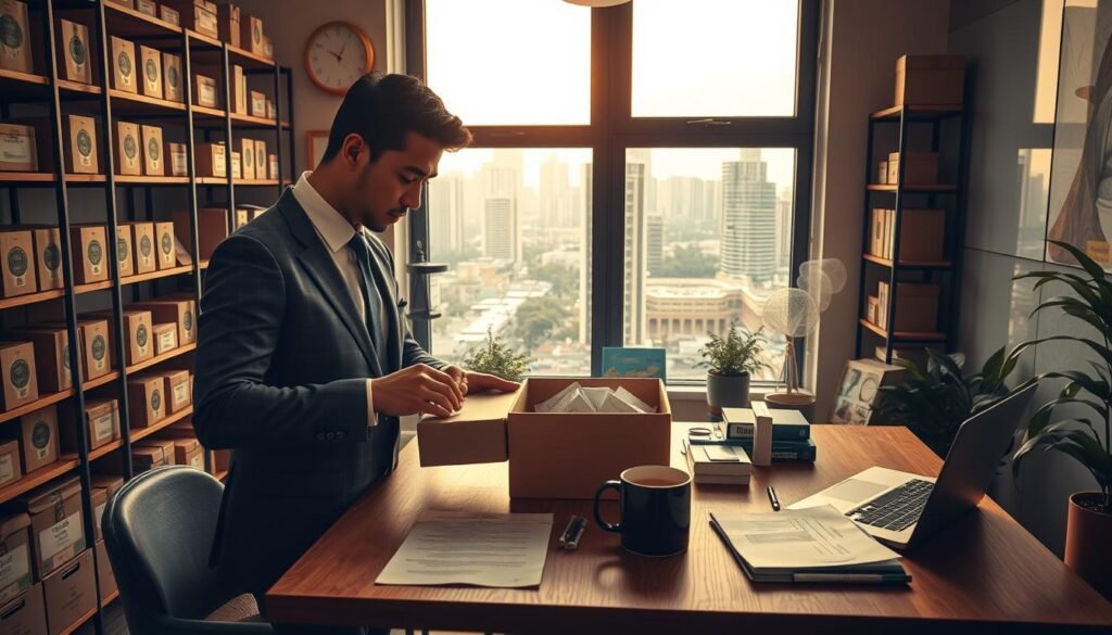 A serene and organized office space, filled with curated subscription boxes neatly displayed on shelves. The lighting is soft and warm, casting a cozy glow over the scene. In the foreground, a well-dressed entrepreneur is meticulously packing a box, their hands moving with precision and care. The middle ground features a large, wooden desk adorned with a laptop, a stack of documents, and a mug of steaming coffee. In the background, a large window overlooks a bustling Indonesian city, hinting at the broader context of the subscription box business. The atmosphere is one of focus, efficiency, and a deep understanding of the unique challenges and opportunities of the Indonesian market. A serene and organized office space, filled with curated subscription boxes neatly displayed on shelves. The lighting is soft and warm, casting a cozy glow over the scene. In the foreground, a well-dressed entrepreneur is meticulously packing a box, their hands moving with precision and care. The middle ground features a large, wooden desk adorned with a laptop, a stack of documents, and a mug of steaming coffee. In the background, a large window overlooks a bustling Indonesian city, hinting at the broader context of the subscription box business. The atmosphere is one of focus, efficiency, and a deep understanding of the unique challenges and opportunities of the Indonesian market.