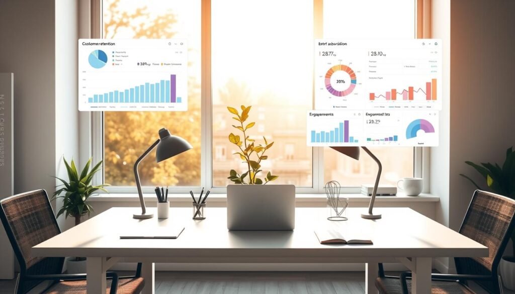 A serene office workspace, bathed in warm natural light filtering through large windows. In the center, a sleek, minimalist desk features a laptop, a stylish stationery set, and a lush, verdant potted plant symbolizing growth and vitality. Framing the desk, floating above it, are dynamic data visualizations and charts illustrating the vital metrics of "retensi subscription" - customer retention rates, churn analysis, and engagement patterns. The overall atmosphere conveys a sense of focus, optimization, and a steady, strategic approach to managing the subscription business model.
