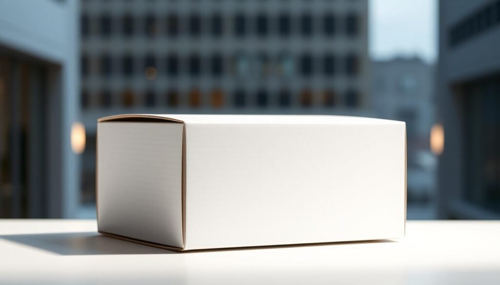 A sleek, modern subscription box rests on a minimalist white surface, illuminated by soft, diffuse lighting from above. The box's design features clean lines, tactile materials, and a subtle, sophisticated color palette that hints at the premium products within. In the background, a blurred backdrop of urban architecture suggests the contemporary, tech-savvy lifestyle of the target consumer. The overall composition conveys a sense of convenience, curation, and elevated, personalized shopping experience - the key drivers behind the growth of the subscription box industry in 2025.