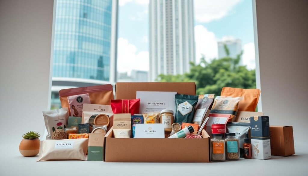 A vibrant, modern subscription box showcasing Indonesian products, set against a clean, minimalist backdrop. Foreground displays an assortment of diverse, high-quality items - local crafts, specialty foods, beauty goods - neatly arranged in a sleek, minimalist box. Midground shows the subscription box itself, with a simple yet elegant design featuring muted, earthy tones and clean lines. Background depicts a modern, urban setting with tall buildings and lush greenery, suggesting Indonesia's thriving commercial and cultural landscape. Soft, diffused lighting creates a warm, inviting atmosphere. Captured with a wide-angle lens to highlight the box's prominent placement and the vibrant, dynamic environment surrounding it.
