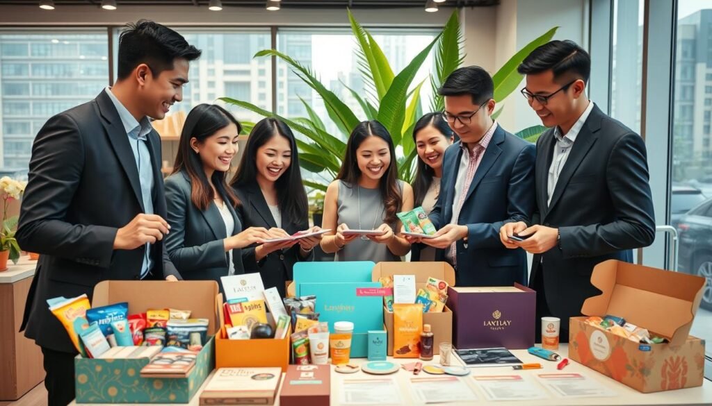 A vibrant scene showcasing a subscription box service in Indonesia, featuring a neatly arranged display of colorful subscription boxes filled with local snacks, beauty products, and lifestyle items. In the foreground, a diverse group of business professionals in smart casual attire examines the boxes collaboratively, with bright smiles suggesting excitement and engagement. The middle ground includes a table adorned with freshly packaged boxes and printed product information, with lush tropical plants peeking from behind. The background captures a modern retail environment with soft, welcoming lighting and window views of an urban Indonesian landscape. The atmosphere conveys innovation, community, and the thriving spirit of the subscription box market. Use a slight top-down angle to highlight the box features while keeping the people as the focal point of the image, ensuring a professional and positive mood throughout.