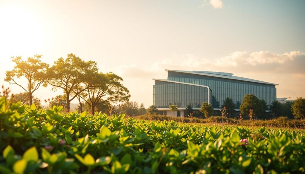 A vibrant, sustainable future unfolds in this image. In the foreground, a lush, verdant landscape blooms with thriving plants and trees, symbolizing the abundance and resilience of natural ecosystems. The middle ground features a modern, energy-efficient building, its sleek design and renewable energy sources showcasing the integration of technology and environmental stewardship. In the background, a serene, sun-dappled sky stretches, its warm tones conveying a sense of optimism and progress. The overall scene radiates a harmonious balance between humanity and nature, reflecting the core principles of sustainability. Soft, diffused lighting and a slightly hazy, dreamlike quality imbue the image with a sense of contemplation and inspiration, inviting the viewer to consider the possibilities of a sustainable tomorrow.