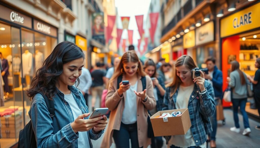 A vibrant urban scene depicting the changing behaviors of modern consumers. In the foreground, a young couple engaged in a thoughtful discussion over their smartphone, examining subscription box options. In the middle ground, a group of friends excitedly unboxing the latest apparel delivery, capturing the moment with their cameras. In the background, a bustling marketplace with shoppers browsing physical and digital storefronts, showcasing the coexistence of traditional and subscription-based retail. Warm lighting casts a hopeful glow, while the composition emphasizes the evolving dynamics between businesses and their loyal, tech-savvy customers. The scene conveys the profound impact of subscription models on consumer habits and the future of commerce.