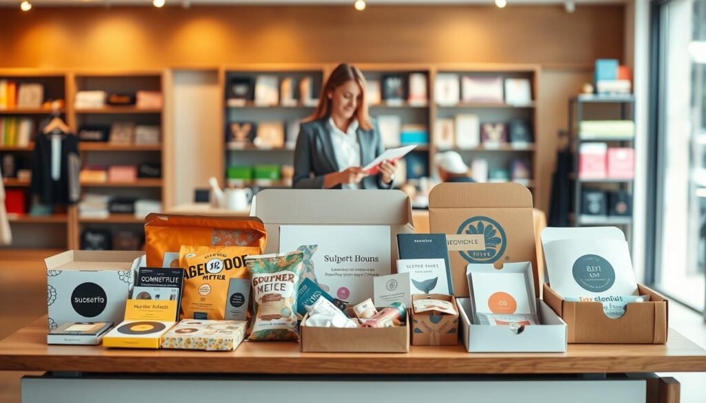 A visually appealing subscription box display on a sleek wooden table set against a softly blurred modern retail environment. In the foreground, showcase a variety of subscription boxes, each uniquely designed with attractive packaging—some with vibrant colors and patterns, others with minimalist elegance. Include a few opened boxes revealing enticing products like gourmet snacks, beauty items, or books. In the middle ground, subtle hints of a customer browsing and examining the boxes in a professional attire. The background features a well-lit, organized retail space with shelves stocked with more subscription options, creating an inviting atmosphere. Use soft natural lighting to create warmth and enhance the colors of the packaging. The overall mood should be optimistic and engaging, reflecting the excitement of discovering subscription box models.