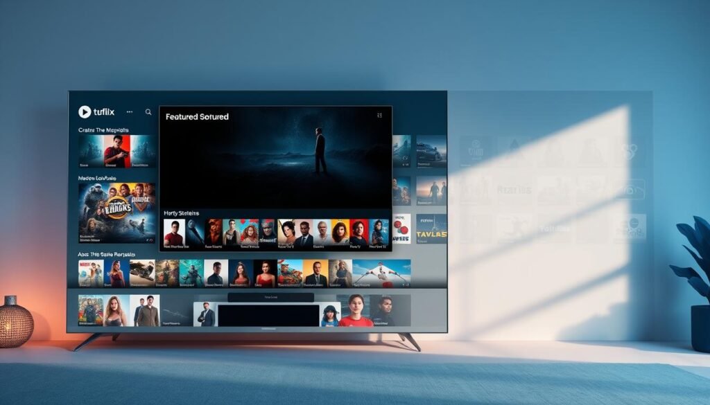 A visually striking scene of a modern streaming service interface, with a sleek and intuitive design. The user interface features a clean, minimalist layout with well-organized content sections. In the center, a large, high-definition video player showcases the latest featured content, while surrounding it are rows of thumbnails representing a diverse selection of movies, TV shows, and other streaming media. The color palette is a harmonious blend of blues, grays, and whites, creating a sophisticated and elegant aesthetic. Soft, diffused lighting illuminates the scene, casting a warm, inviting glow. The overall composition conveys a sense of technological sophistication, user-friendliness, and the vast wealth of entertainment options available through the streaming service. A visually striking scene of a modern streaming service interface, with a sleek and intuitive design. The user interface features a clean, minimalist layout with well-organized content sections. In the center, a large, high-definition video player showcases the latest featured content, while surrounding it are rows of thumbnails representing a diverse selection of movies, TV shows, and other streaming media. The color palette is a harmonious blend of blues, grays, and whites, creating a sophisticated and elegant aesthetic. Soft, diffused lighting illuminates the scene, casting a warm, inviting glow. The overall composition conveys a sense of technological sophistication, user-friendliness, and the vast wealth of entertainment options available through the streaming service.