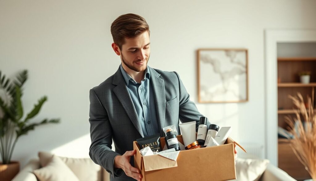 A well-dressed individual standing in a cozy, modern home setting, browsing through the contents of an open subscription box. Soft, natural lighting illuminates the scene, highlighting the customer's expression of curiosity and delight. The box is filled with an array of premium products, neatly arranged and carefully curated. The background features minimalist decor, with subtle hints of greenery and warm, earthy tones that create a welcoming, relaxed atmosphere. The entire composition conveys a sense of discovery, personalization, and the joy of unboxing a thoughtfully designed subscription service. A well-dressed individual standing in a cozy, modern home setting, browsing through the contents of an open subscription box. Soft, natural lighting illuminates the scene, highlighting the customer's expression of curiosity and delight. The box is filled with an array of premium products, neatly arranged and carefully curated. The background features minimalist decor, with subtle hints of greenery and warm, earthy tones that create a welcoming, relaxed atmosphere. The entire composition conveys a sense of discovery, personalization, and the joy of unboxing a thoughtfully designed subscription service.