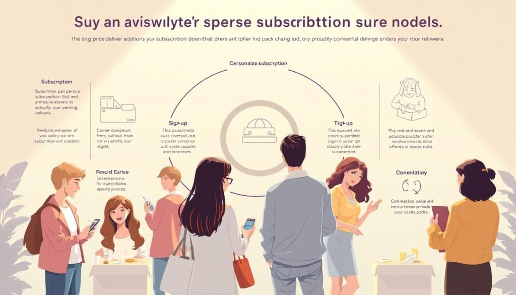 A well-lit, high-resolution illustration showcasing the key models underlying subscription box services. In the foreground, a group of diverse customers exploring personalized subscription box options, each with a unique subscription plan tailored to their needs. In the middle ground, a visual representation of the subscription lifecycle - from discovery and sign-up to product curation and regular deliveries. In the background, a clean, minimalist design highlighting the convenience, customization, and sense of anticipation that defines the subscription box experience. Rendered in a polished, professional style with a focus on elegant simplicity and intuitive user experience. A well-lit, high-resolution illustration showcasing the key models underlying subscription box services. In the foreground, a group of diverse customers exploring personalized subscription box options, each with a unique subscription plan tailored to their needs. In the middle ground, a visual representation of the subscription lifecycle - from discovery and sign-up to product curation and regular deliveries. In the background, a clean, minimalist design highlighting the convenience, customization, and sense of anticipation that defines the subscription box experience. Rendered in a polished, professional style with a focus on elegant simplicity and intuitive user experience.