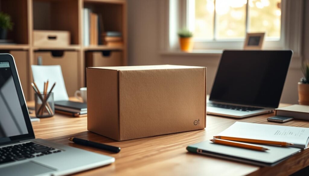 A well-lit home office scene showcasing a model subscription box on a wooden desk. The box has a minimalist design with clean lines and a subtle brand logo. It is surrounded by other office supplies and a laptop, creating a professional yet inviting atmosphere. Soft, indirect lighting from a window casts a warm glow, highlighting the textural details of the box's material. The overall composition conveys a sense of organization, productivity, and the appeal of a subscription service tailored to the user's needs. A well-lit home office scene showcasing a model subscription box on a wooden desk. The box has a minimalist design with clean lines and a subtle brand logo. It is surrounded by other office supplies and a laptop, creating a professional yet inviting atmosphere. Soft, indirect lighting from a window casts a warm glow, highlighting the textural details of the box's material. The overall composition conveys a sense of organization, productivity, and the appeal of a subscription service tailored to the user's needs.