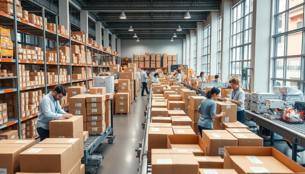 A well-organized subscription box fulfillment center, with workers meticulously curating and packaging personalized items in a modern, well-lit warehouse. Neatly stacked boxes and shelves filled with an array of products, conveyor belts smoothly transporting packages, and a team of efficient employees carefully sealing and labeling each box before it is readied for shipment. The scene conveys a sense of precision, attention to detail, and a commitment to delivering a premium customer experience, all captured through a crisp, clean photographic style with soft, diffused lighting. A well-organized subscription box fulfillment center, with workers meticulously curating and packaging personalized items in a modern, well-lit warehouse. Neatly stacked boxes and shelves filled with an array of products, conveyor belts smoothly transporting packages, and a team of efficient employees carefully sealing and labeling each box before it is readied for shipment. The scene conveys a sense of precision, attention to detail, and a commitment to delivering a premium customer experience, all captured through a crisp, clean photographic style with soft, diffused lighting.