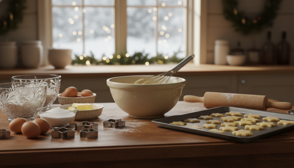A beautifully arranged kitchen scene depicting the step-by-step process of making butter cookies. In the foreground, an elegant wooden countertop showcases ingredients like flour, sugar, butter, and eggs in charming glass bowls. A rolling pin, cookie cutters, and a baking tray filled with unbaked cookies are strategically placed for visual appeal. In the middle ground, a mixing bowl sits, with a whisk partially submerged in creamy dough. Soft, warm lighting casts a cozy atmosphere, enhancing the warmth of the kitchen. In the background, a window reveals a hint of a festive holiday setting with subtle decorations, contributing to the Christmas spirit. The overall mood is inviting and homely, perfect for aspiring bakers.
