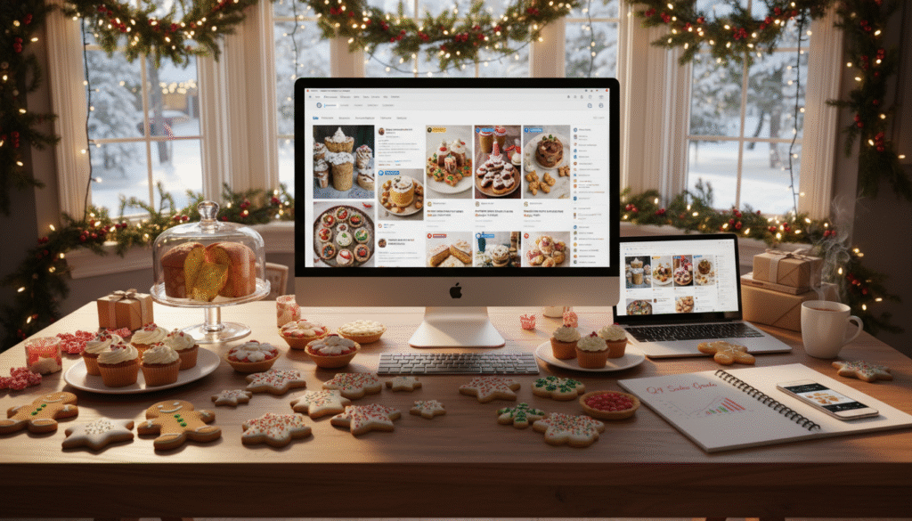A cozy home office setup with a wooden desk adorned with a variety of decorated Christmas cookies and festive treats, highlighting an entrepreneurial spirit. In the foreground, a computer screen displays vibrant social media posts showcasing delicious baked goods. In the middle, a notepad and a smartphone lie beside the laptop, showing engagement metrics. The background features a softly lit window with holiday decorations, creating a warm atmosphere. Natural light filters in, casting gentle shadows. The scene evokes a sense of creativity and opportunity, ideal for promoting a home-based business. Professional yet inviting, the workspace is filled with seasonal cheer, emphasizing the joy of baking and marketing success during the festive season.