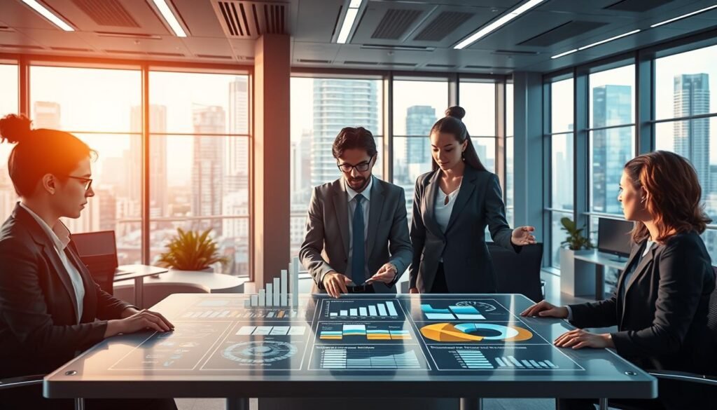 A futuristic business environment illustrating the concept of "Servitization" with a focus on service-oriented products. In the foreground, a diverse group of professionals in smart business attire collaborate over a sleek digital interface displaying service models like subscription boxes. The middle ground features modern office furniture and technology, with charts and graphs highlighting service trends. In the background, large windows reveal a bustling urban landscape, symbolizing growth and innovation. Soft, ambient lighting enhances the professional atmosphere while maintaining an inviting feel. The camera angle is slightly elevated, providing a comprehensive view of the collaborative efforts and technological integration, which reflects a dynamic and progressive business culture.