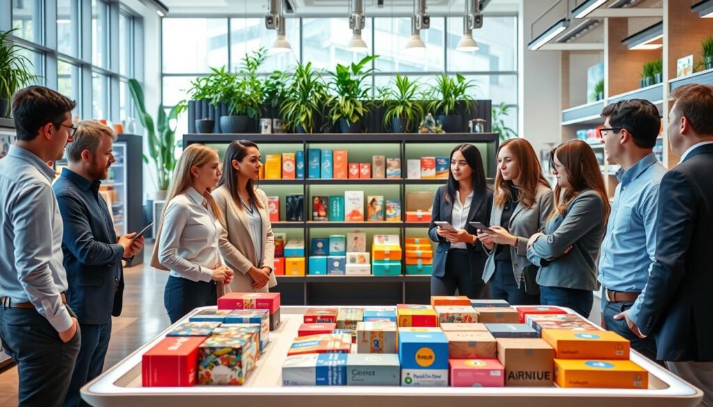 A modern retail environment showcasing the impact of the retail revolution, focusing on subscription box services and servitization. In the foreground, a diverse group of business professionals in smart casual clothing discuss around a sleek, futuristic table filled with colorful subscription boxes. In the middle, shelves display a variety of goods, elegantly arranged to highlight modern distribution techniques like automation and digital interfaces. The background features a bright, airy space with large windows, filled with greenery and innovative technology, creating a sense of optimism and progress. Soft, natural lighting enhances the atmosphere, emphasizing a collaborative and forward-thinking mood, captured with a wide-angle lens to convey depth and detail.