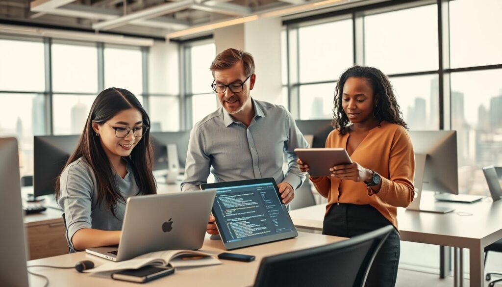 A modern workspace featuring a diverse group of three professionals engaged in programming and web development. In the foreground, a young woman of Asian descent is focused on her laptop, dressed in smart casual attire, while a middle-aged man of Caucasian descent is discussing ideas with her, wearing a crisp shirt and glasses. There’s a third individual, a Black woman, standing nearby, pointing at a digital tablet displaying code. The middle layer includes sleek desks with multiple monitors, coding books, and tech gadgets. The background reveals a large window with natural light streaming in, highlighting a city skyline. The atmosphere is energetic and collaborative, showcasing the future of tech skills in a vibrant, inviting environment, with soft, warm lighting to create a welcoming ambiance.