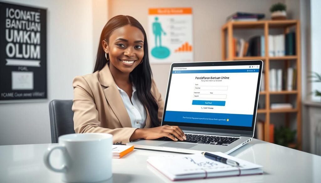 A professional African woman in business attire, sitting at a modern desk with a laptop open, focused on the "Pendaftaran Bantuan UMKM Online" website. The foreground includes a coffee cup and a notepad with notes scribbled on it. In the middle, the laptop screen displays a user-friendly interface, highlighting a registration form for online assistance. The background features a softly blurred office environment with motivational posters and a bookshelf filled with business books, creating an organized and inspiring atmosphere. Soft, natural light filters through a nearby window, filling the scene with warmth and positivity, evoking a sense of determination and professionalism. The overall mood is encouraging and focused, perfect for illustrating the concept of online MSME funding registration.