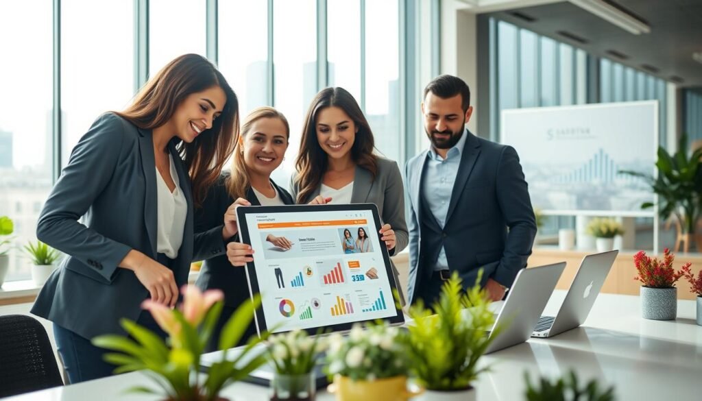 A successful e-commerce platform depicted in a modern, sleek office setting. In the foreground, a diverse team of professionals—two women and one man—are gathered around a digital tablet displaying a user-friendly e-commerce interface, dressed in stylish business attire. The middle ground features minimalist desks with laptops, vibrant plants, and colorful charts showcasing sales metrics. In the background, large windows let in bright natural light, illuminating a city skyline, symbolizing growth and innovation. The overall atmosphere is one of collaboration, creativity, and success, capturing the dynamic essence of online shopping evolution. The image should evoke a sense of inspiration and forward-thinking, with a soft focus on the team and crisp details on the digital devices.