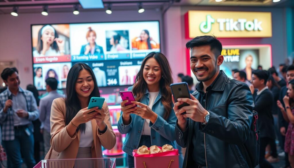 A vibrant and dynamic scene depicting TikTok creators collaborating for a live shopping event. In the foreground, two diverse creators, one female and one male, enthusiastically engage with their audience using smartphones, both dressed in smart casual attire. The middle layer showcases a visually appealing setup with colorful product displays and neon lights, creating an energetic atmosphere. The background features a digital screen displaying trending TikTok videos and a lively crowd watching the event, highlighting the popularity of social commerce. Soft, ambient lighting enhances the excitement of the scene, while a slightly tilted angle captures the action from a unique perspective, conveying a sense of movement and engagement in the digital marketplace.