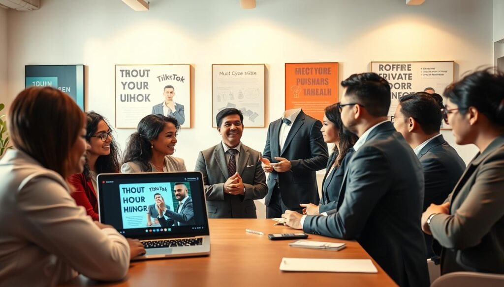 A vibrant and dynamic scene illustrating the integration of government assistance with TikTok strategies for small businesses. In the foreground, a diverse group of small business owners, dressed in professional business attire, are gathered around a large laptop displaying the TikTok interface, engaged in a brainstorming session. In the middle ground, a government official in a smart suit is showcasing a presentation on how to utilize TikTok for business growth. The background features a bright, inviting office space with motivational posters about innovation and collaboration. The lighting is warm and inviting, casting soft shadows to enhance the atmosphere of teamwork and creativity. The mood is optimistic, emphasizing collaboration between entrepreneurs and government support to thrive in the competitive landscape of social commerce.