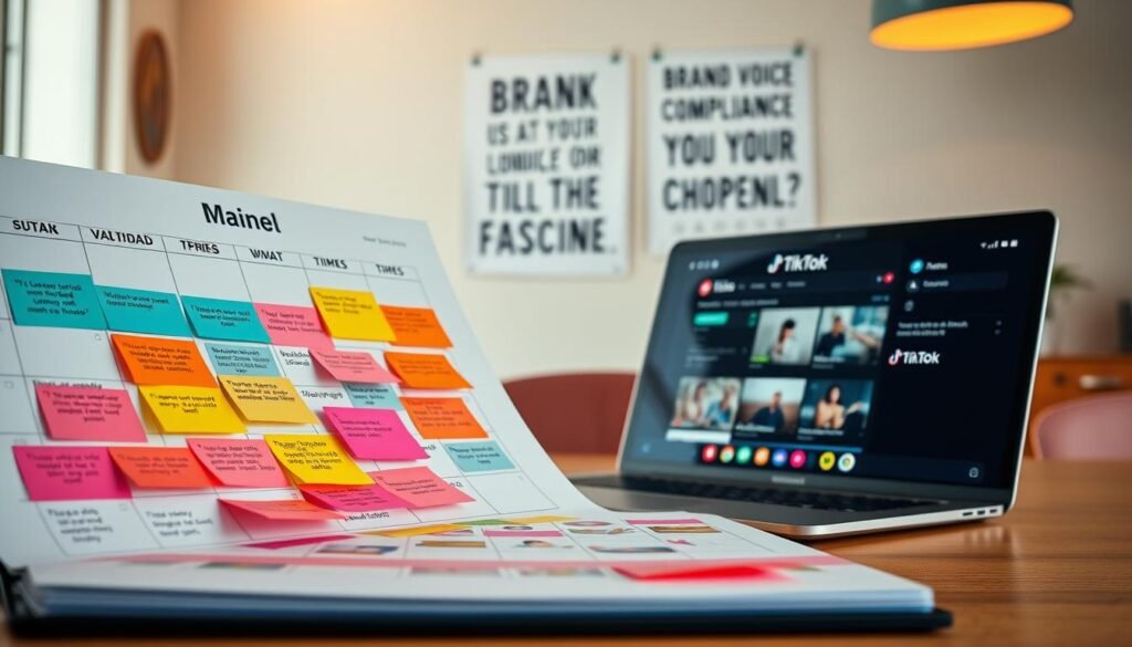 A vibrant digital marketing calendar for 2025, focusing on significant dates and strategies for small businesses on TikTok. In the foreground, an organized monthly planner filled with colorful sticky notes representing various marketing campaigns, promotions, and events. The middle ground features a laptop displaying the TikTok interface, showing a live shopping feature in action, indicative of social commerce trends. In the background, a blurred office setting with a motivational poster about brand voice and compliance, softly illuminated by warm, natural light. The atmosphere is energetic yet professional, capturing the essence of modern digital marketing for small enterprises. The image should be framed with a 35mm lens, providing a warm, inviting feel without any text or distractions.