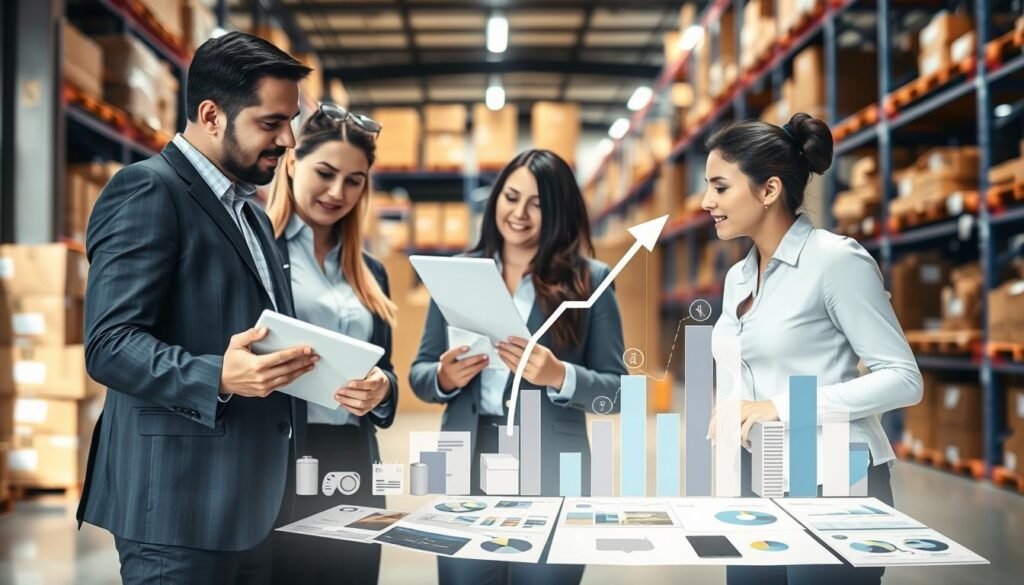 A visually engaging representation of "factors affecting profit margins" in a supply chain context. In the foreground, a diverse group of business professionals, dressed in professional attire, discuss data on a tablet and papers, showcasing charts and graphs with upward trends. In the middle ground, a transparent overlay of various products like electronics, clothing, and food items, indicating different supply chain roles. The background features a bustling warehouse environment filled with boxes and shelves, symbolizing the interconnectedness of suppliers, distributors, and resellers. The lighting is bright and motivating, casting a soft glow over the professionals to evoke a sense of collaboration and analysis. A slight blur in the background enhances focus on the professionals and their engaging discussion, creating an informative and high-energy atmosphere.