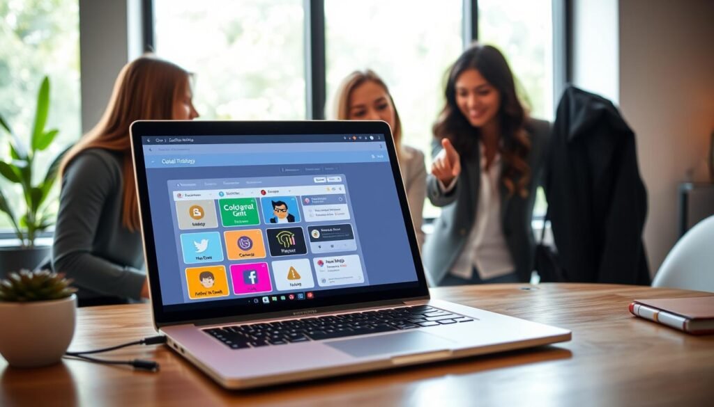 A visually engaging representation of an effective social media management platform, set in a modern workspace. The foreground features a sleek laptop displaying a colorful dashboard with icons representing various social media channels. In the middle, a diverse group of professionals—two women and one man—wearing business casual attire, are collaborating, pointing at the screen and discussing strategy. The background includes a large window letting in natural light, with greenery visible outside, creating a vibrant atmosphere. The overall mood is one of productivity and collaboration, enhanced by soft, warm lighting that conveys creativity and focus. The image should have a professional and polished appearance, ideal for illustrating tools for effective online sales management.
