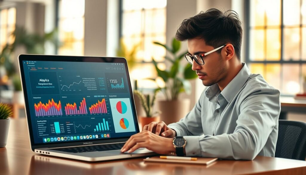 A visually engaging workspace scene featuring a sleek, modern laptop displaying vibrant analytics graphs and charts related to a business website. In the foreground, a professional individual in smart casual attire is focused on the screen, with thoughtful expressions while taking notes on a notepad beside the laptop. The middle layer shows a garden-like setup with potted plants to symbolize growth and creativity, enhancing the productivity vibe. The background includes a bright and airy office space with large windows letting in warm natural light, creating a positive atmosphere. Use a shallow depth of field to keep the focus on the individual and the analytics on the laptop, with soft bokeh effects in the background for added depth. The overall mood is inspiring and efficient, encouraging online business growth.