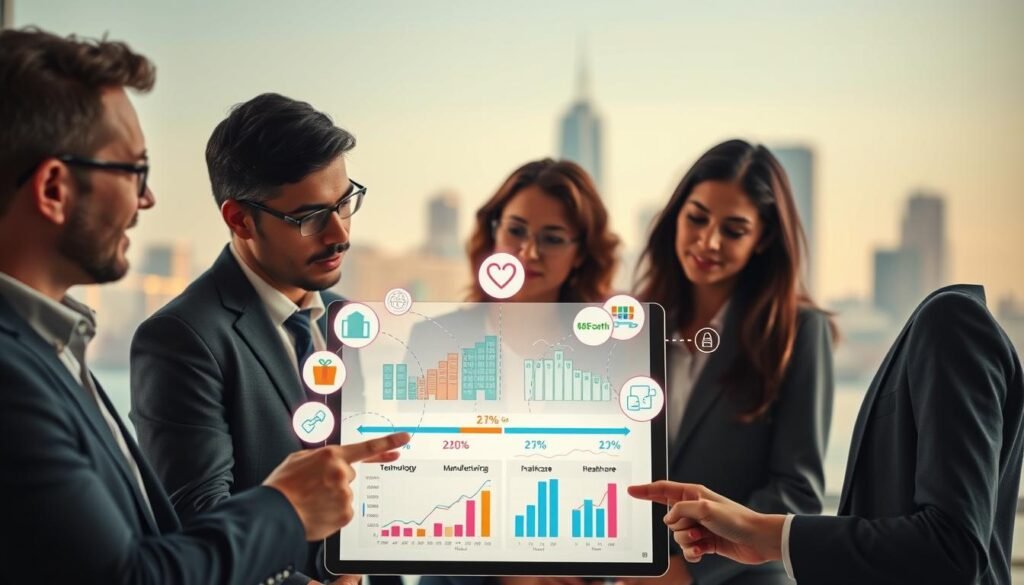 A visually striking infographic-style image illustrating "Comparison of Margins Across Various Industries." In the foreground, a diverse group of professionals in business attire (a man in a suit and a woman in smart casual) are engaged in a discussion over a large digital tablet displaying colorful graphs and charts depicting margin comparisons. The middle layer showcases prominent industrial icons representing key sectors like technology, retail, manufacturing, and healthcare, each linked by flowing lines that signify the supply chain. The background is a soft-focus city skyline, suggesting a bustling economic environment. Soft, ambient lighting creates a professional yet engaging atmosphere, with a slight tilt-angle perspective to enhance depth. The scene invites viewers to explore the dynamic landscape of industry margins without distractions.