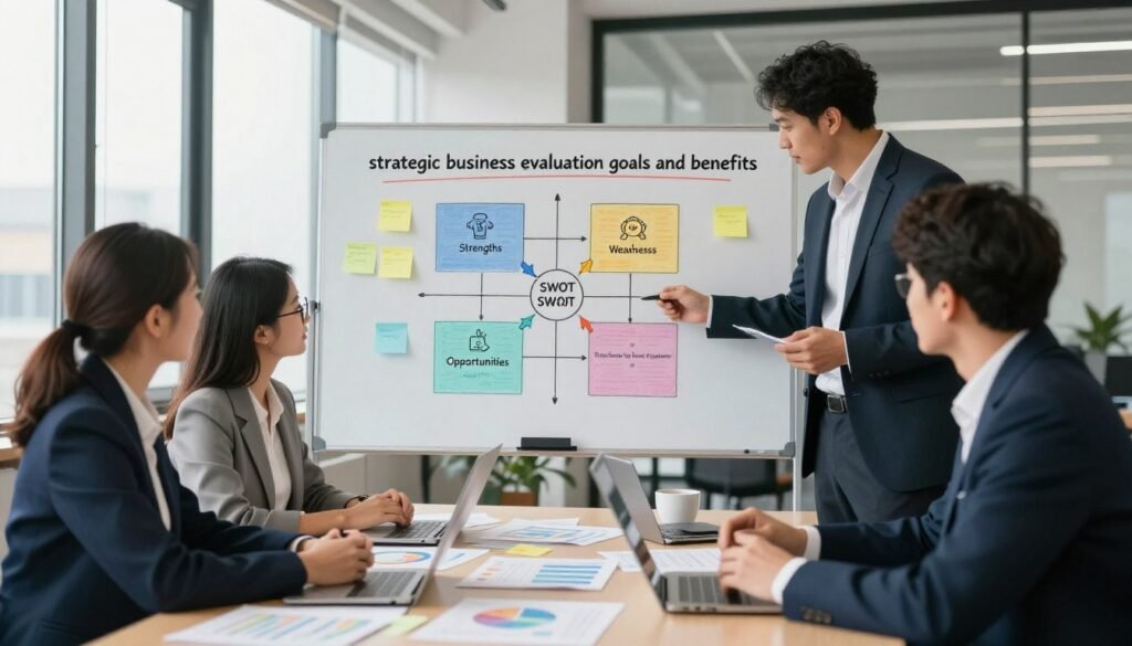 A dynamic and engaging composition representing the concept of "strategic business evaluation goals and benefits" through the lens of SWOT analysis. In the foreground, a diverse group of four professionals in business attire—two men and two women, one woman with glasses—are engaged in a collaborative discussion around a large table strewn with colorful charts, graphs, and sticky notes. In the middle, a large, clear whiteboard displays a visually appealing SWOT matrix with icons and keywords symbolizing strengths, weaknesses, opportunities, and threats. The background showcases an airy, modern office environment with large windows allowing natural light to flood the space, creating an optimistic and productive atmosphere. Soft shadows and a focused depth of field highlight the professionals and their interaction, while the overall mood reflects teamwork, innovation, and strategic planning.