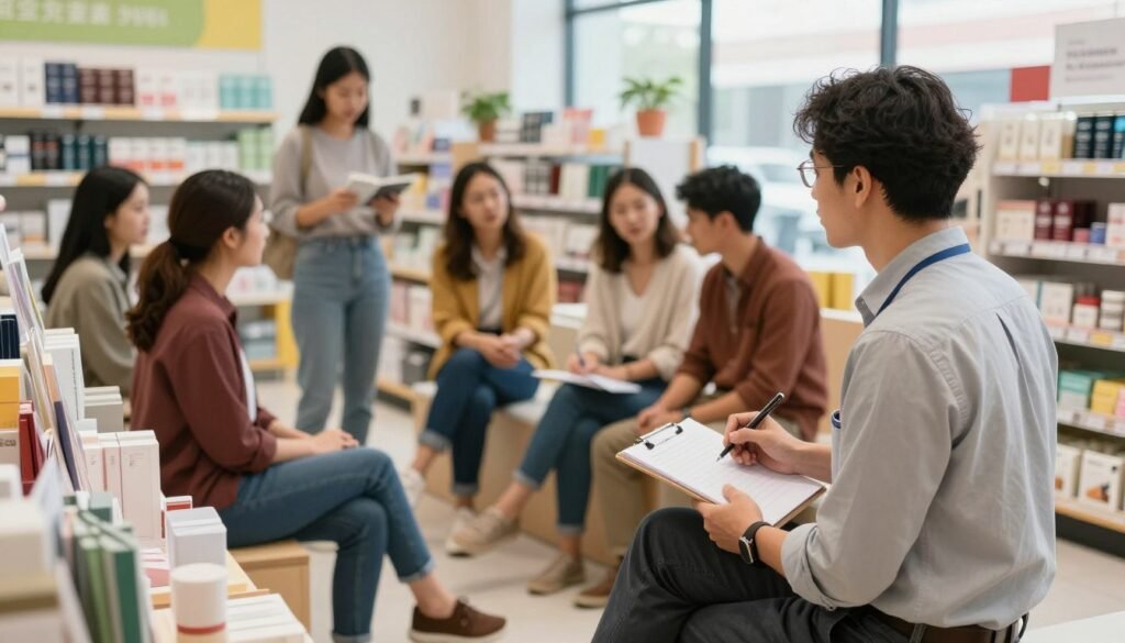 A professional business environment depicting direct observation of consumer behavior. In the foreground, a researcher in modest casual clothing sits with a notepad and pen, intently observing a group of diverse consumers interacting with products in a retail space. The middle ground features a vibrant display of merchandise, showcasing various items that attract attention. The background includes shelves stocked with products and subtle branding that hints at a market study. Natural lighting spills through large windows, creating a warm, inviting atmosphere. The scene is captured from a slightly elevated angle to provide a comprehensive view of both the researcher and the consumers, highlighting engagement and analysis, conveying a sense of focus and dedication to understanding consumer behavior.
