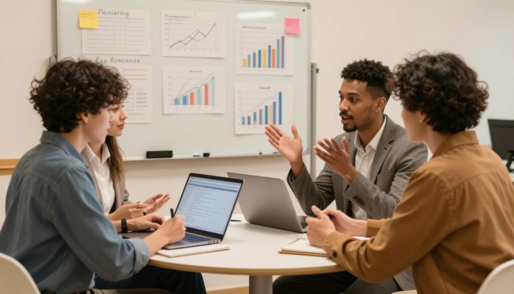 A vibrant and engaging scene depicting a mini market research discussion forum. In the foreground, a diverse group of three professionals, dressed in smart casual attire, are seated around a small round table, actively engaging in conversation. One person is taking notes on a laptop, while another contributes ideas, gesturing passionately. In the middle background, a whiteboard filled with brainstorming notes and market analysis graphs provides context. Soft, warm lighting illuminates the scene, creating an inviting atmosphere. The overall mood is collaborative and focused, emphasizing innovation and teamwork in a cozy office setting. The angle shows the group from a slight elevation, capturing the dynamics of the discussion without distractions.